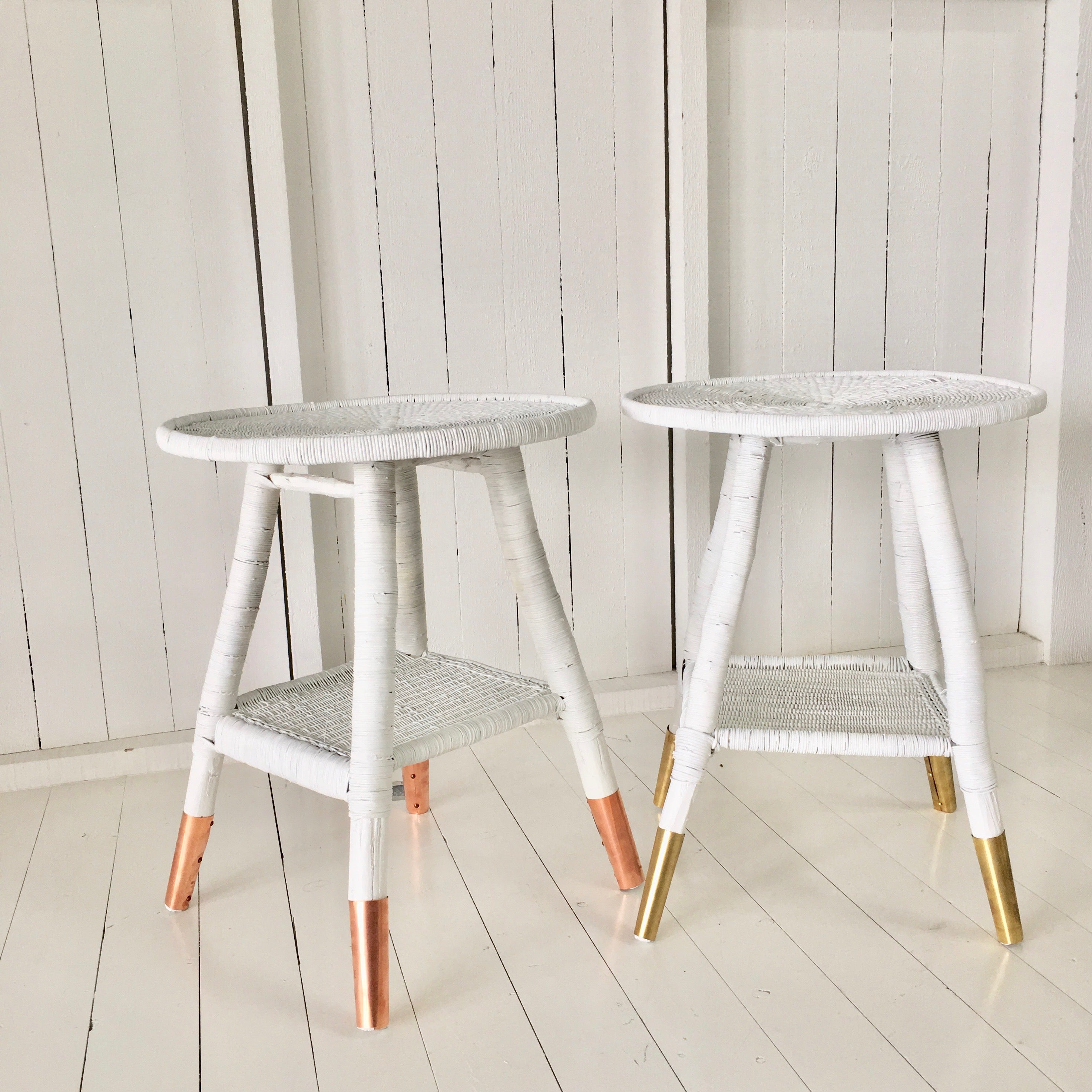 traditional round side table with brass or copper feet